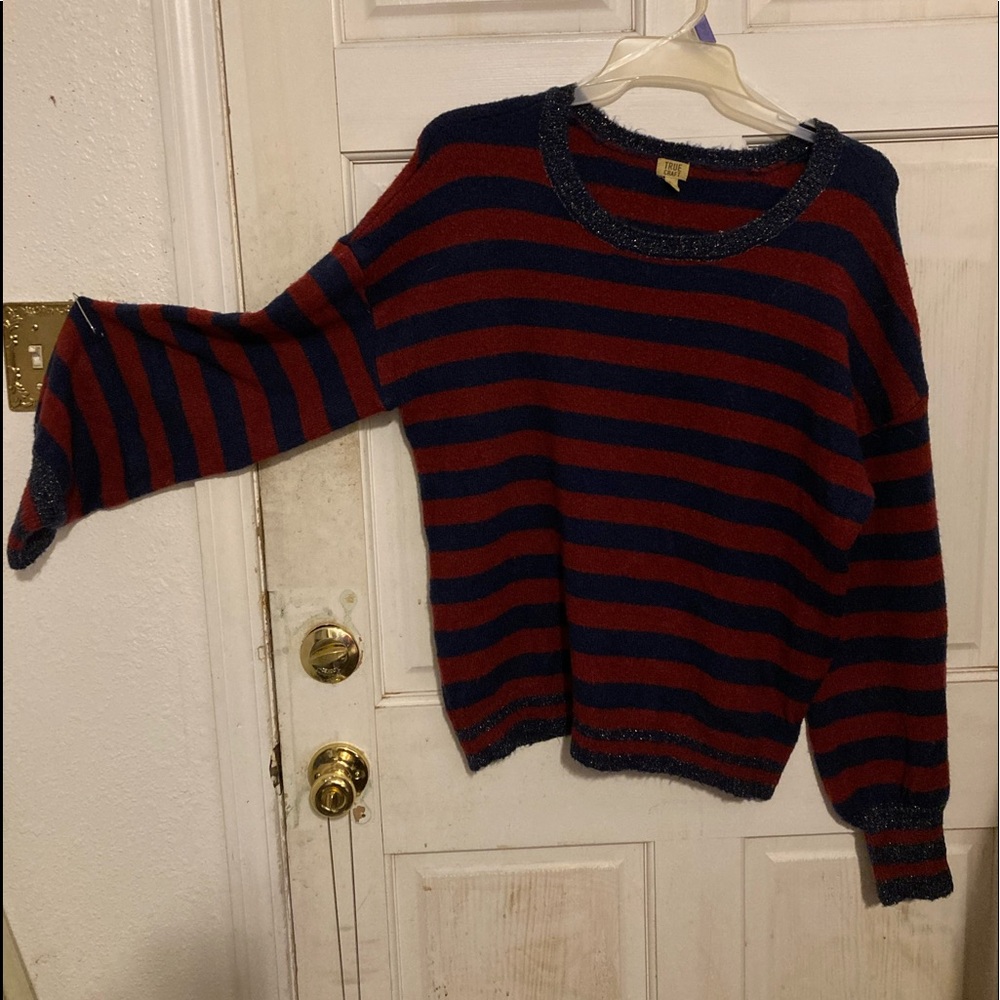 Blue and burgundy striped sweater.